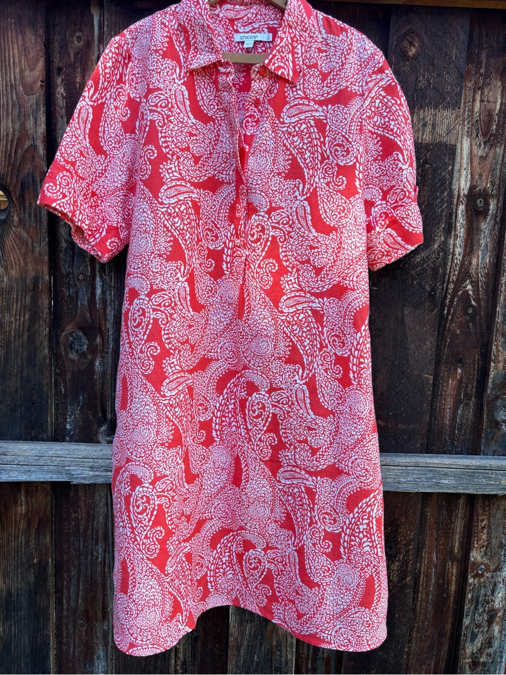 Chico's Coral Red and White Paisley-Print Short Sleeve Tunic